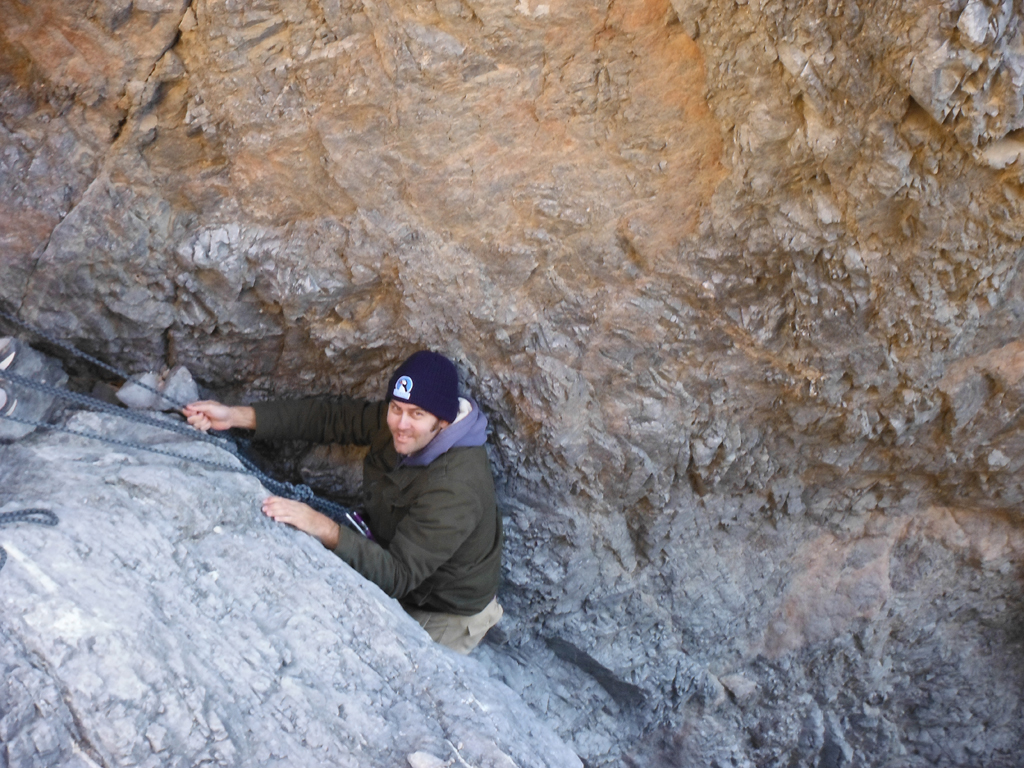 A close-up of Steve taken by Charlie.  You can see all of my safety ropes hooked around my climbing belt.  Patrick went the extra mile to keep us all safe: